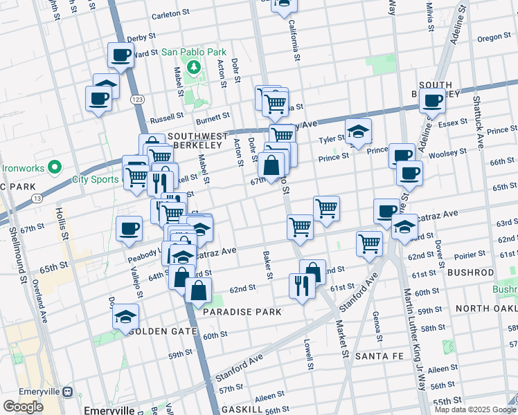 map of restaurants, bars, coffee shops, grocery stores, and more near 1401 Fairview Street in Berkeley