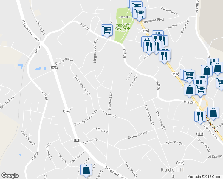 map of restaurants, bars, coffee shops, grocery stores, and more near 728 Kingswood Way in Radcliff