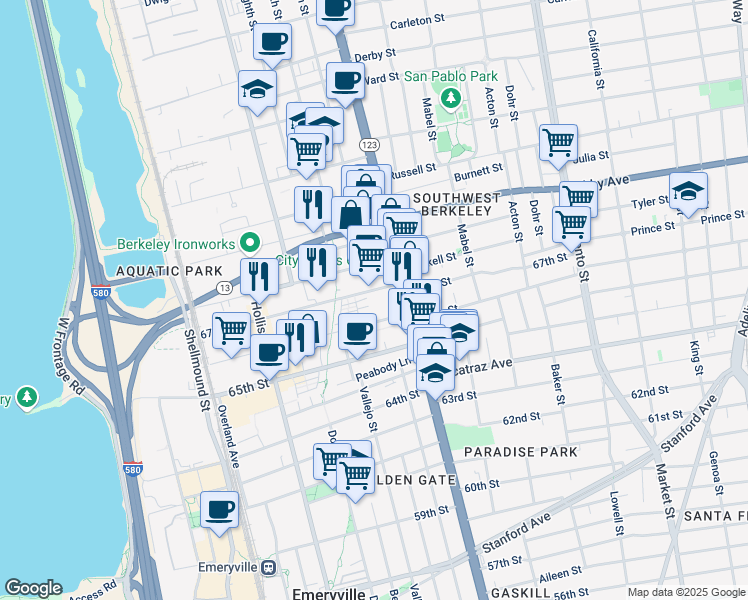 map of restaurants, bars, coffee shops, grocery stores, and more near 1155 67th Street in Oakland
