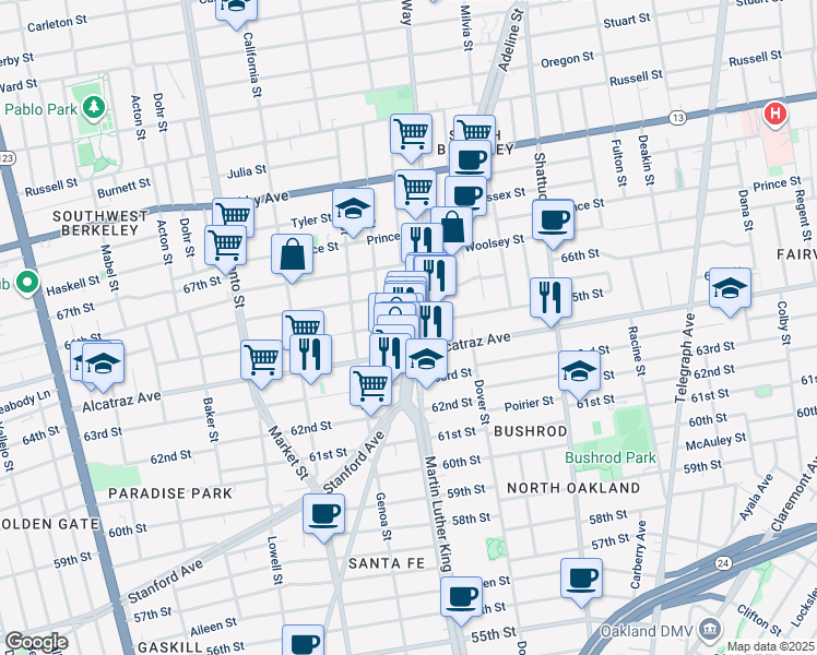 map of restaurants, bars, coffee shops, grocery stores, and more near 3255 Adeline Street in Berkeley