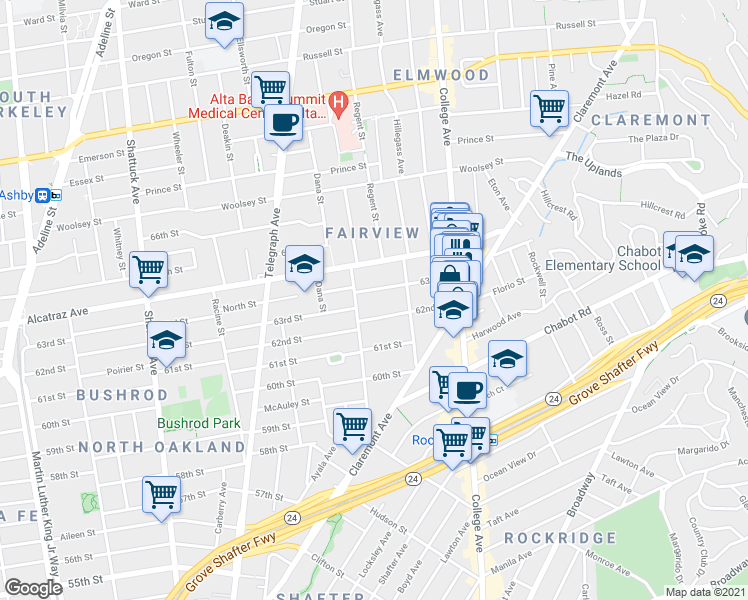 map of restaurants, bars, coffee shops, grocery stores, and more near 387 63rd Street in Oakland