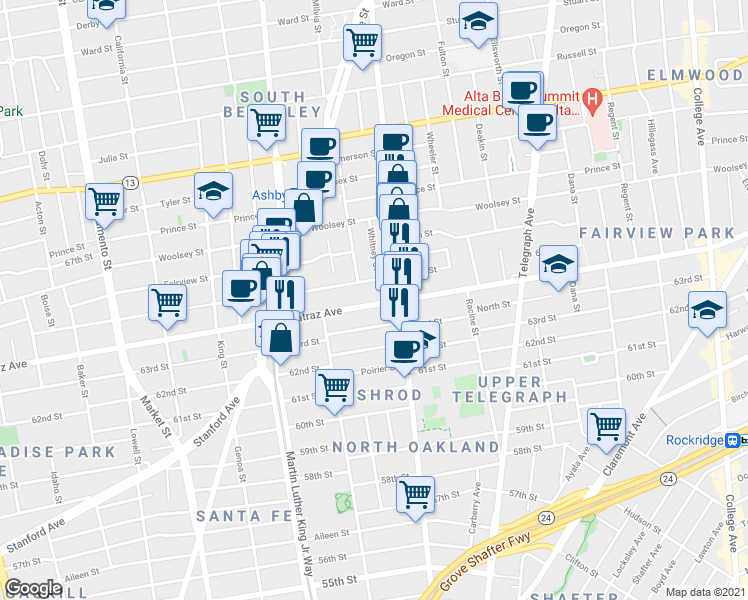 map of restaurants, bars, coffee shops, grocery stores, and more near in Oakland