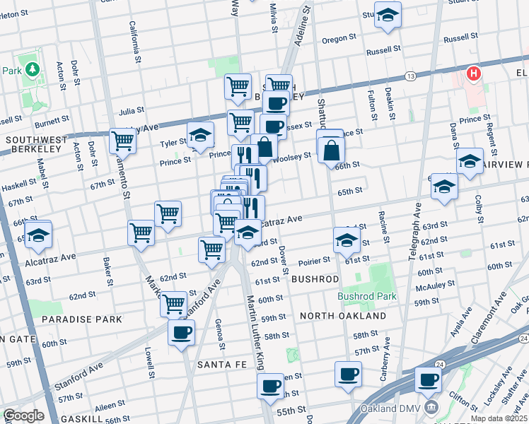 map of restaurants, bars, coffee shops, grocery stores, and more near 1902 Harmon Street in Berkeley