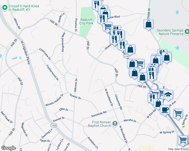map of restaurants, bars, coffee shops, grocery stores, and more near 1090 Evelyn Drive in Radcliff