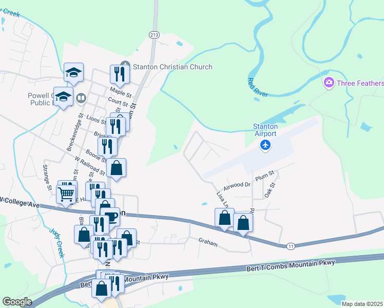 map of restaurants, bars, coffee shops, grocery stores, and more near 30 Eastview Drive in Stanton