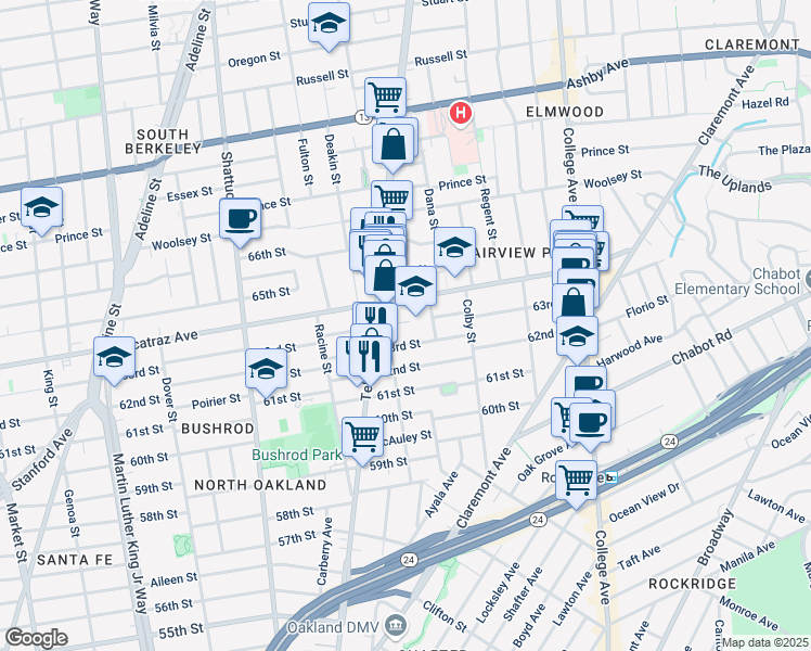 map of restaurants, bars, coffee shops, grocery stores, and more near 460 63rd Street in Oakland