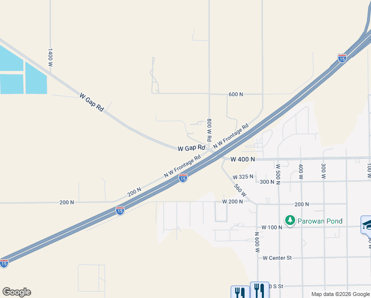 map of restaurants, bars, coffee shops, grocery stores, and more near Gap Road in Parowan