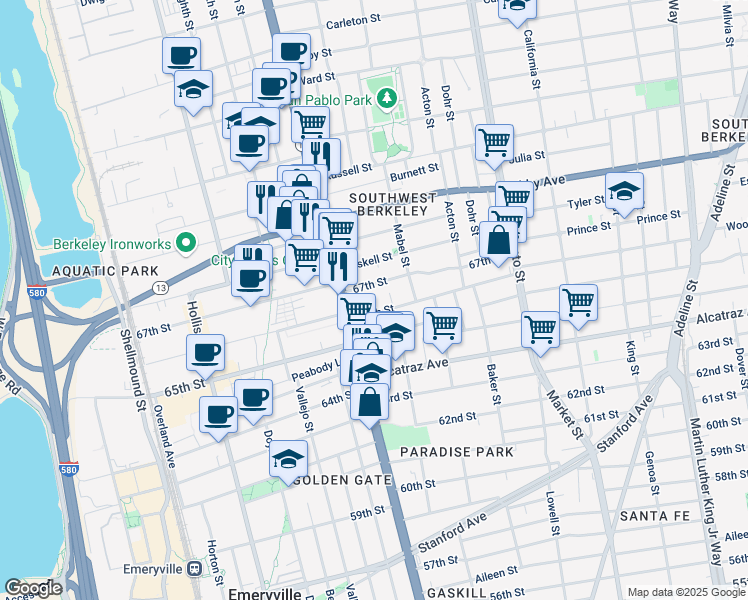 map of restaurants, bars, coffee shops, grocery stores, and more near 6622 Helen Court in Oakland