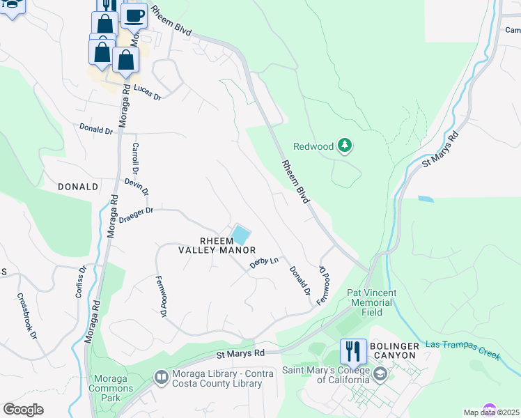 map of restaurants, bars, coffee shops, grocery stores, and more near 313 Donald Drive in Moraga