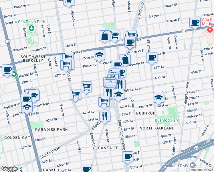 map of restaurants, bars, coffee shops, grocery stores, and more near 1800 Harmon Street in Berkeley