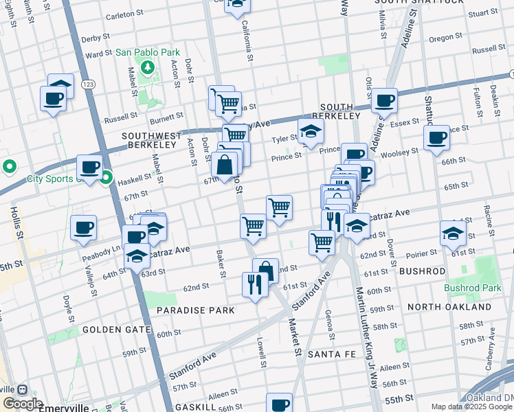map of restaurants, bars, coffee shops, grocery stores, and more near 1522 Fairview Street in Berkeley