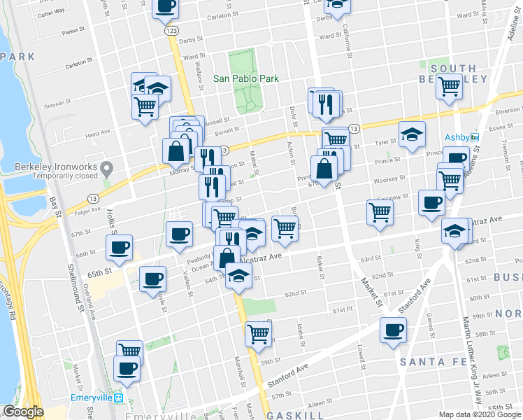 map of restaurants, bars, coffee shops, grocery stores, and more near 1215 66th Street in Berkeley