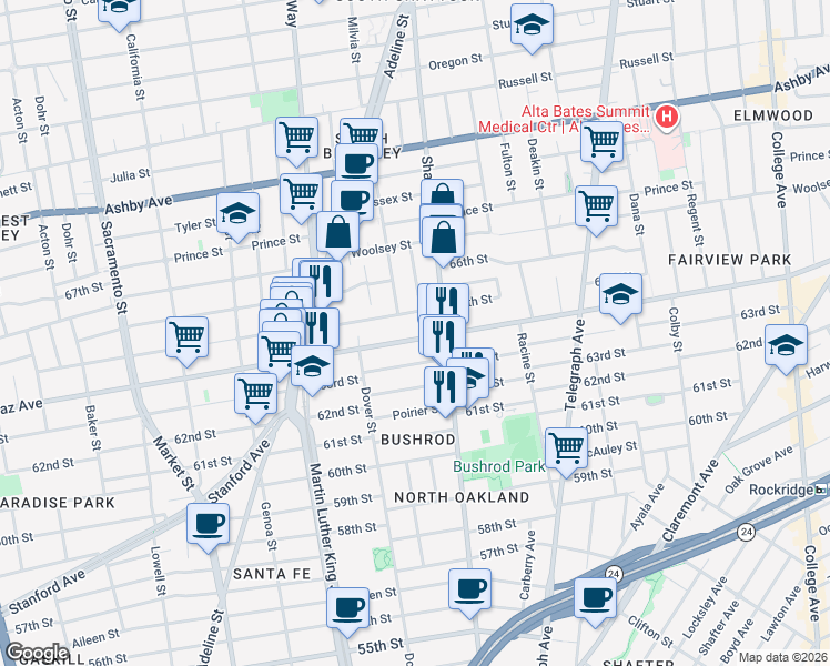 map of restaurants, bars, coffee shops, grocery stores, and more near in Oakland
