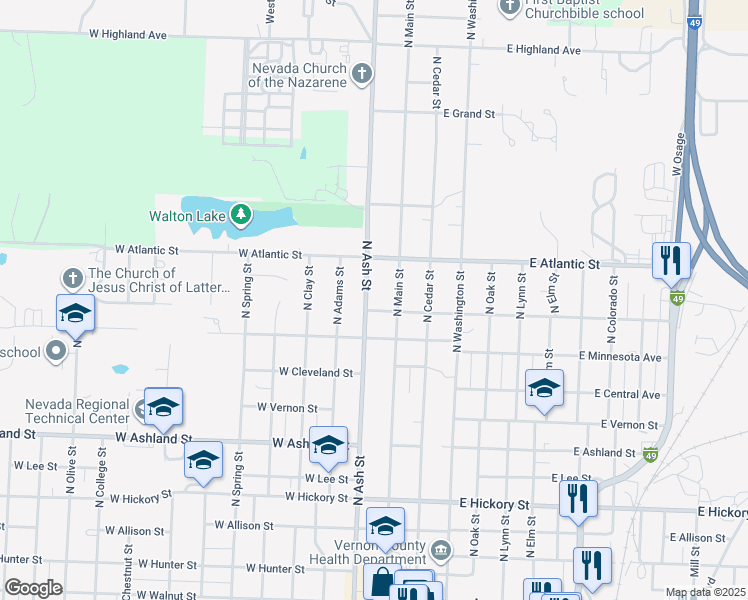 map of restaurants, bars, coffee shops, grocery stores, and more near 1205 North Ash Street in Nevada