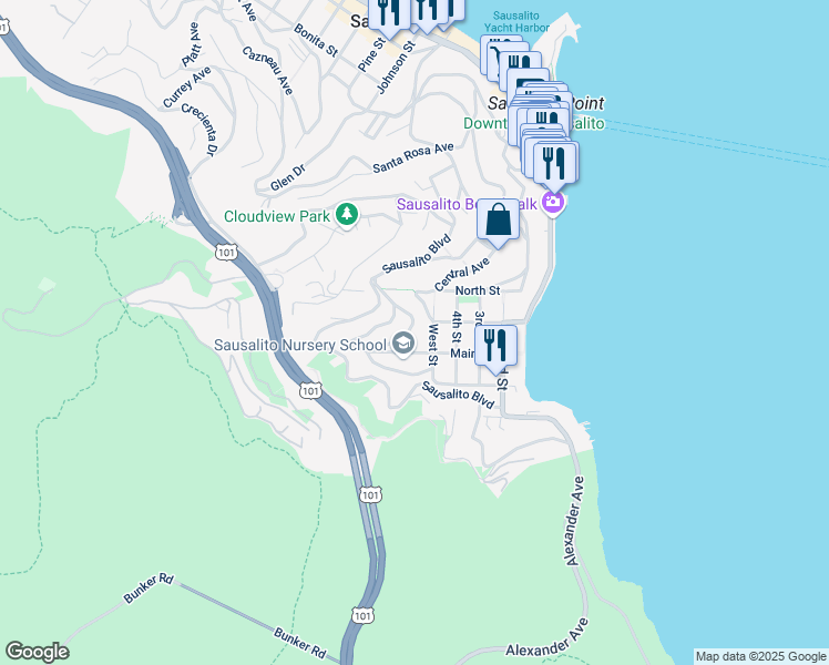 map of restaurants, bars, coffee shops, grocery stores, and more near 32 Lower Crescent Avenue in Sausalito