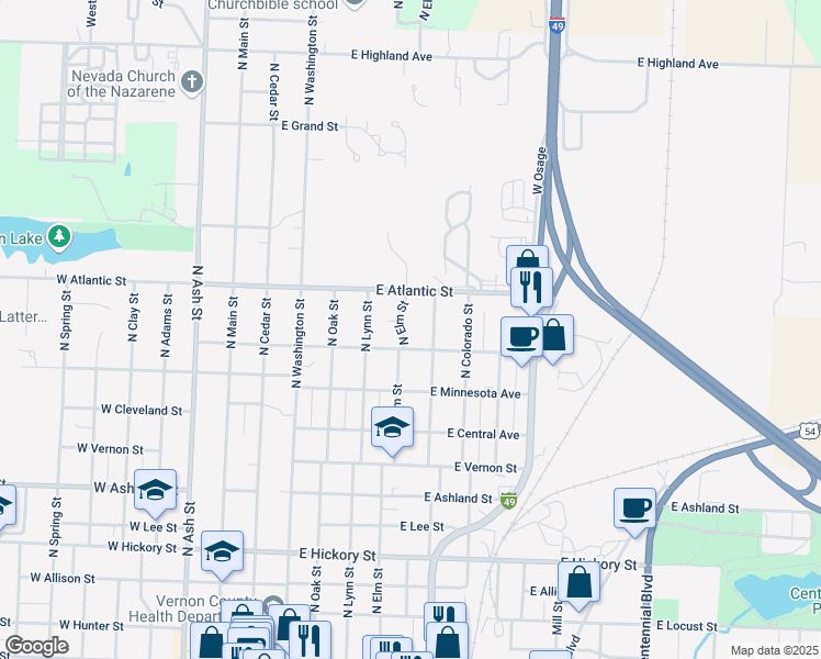 map of restaurants, bars, coffee shops, grocery stores, and more near 1104 North Elm Street in Nevada