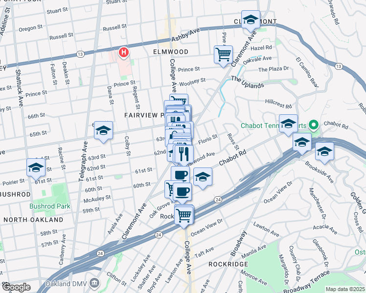 map of restaurants, bars, coffee shops, grocery stores, and more near 6229 Florio Street in Oakland