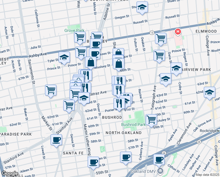 map of restaurants, bars, coffee shops, grocery stores, and more near in Oakland