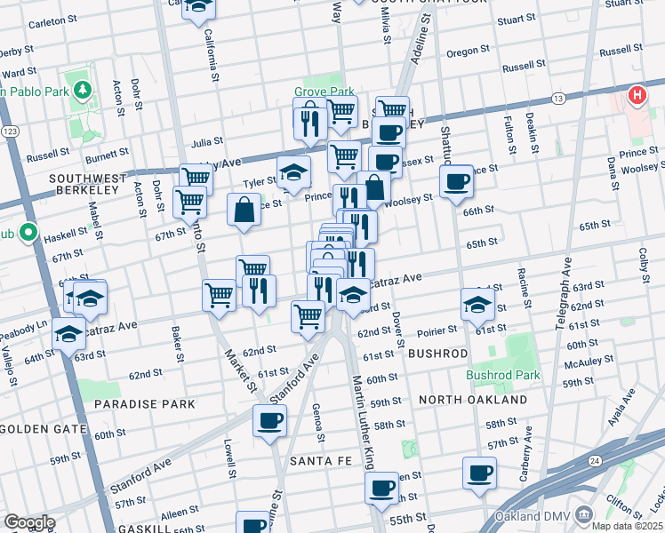 map of restaurants, bars, coffee shops, grocery stores, and more near 1800 Harmon Street in Berkeley