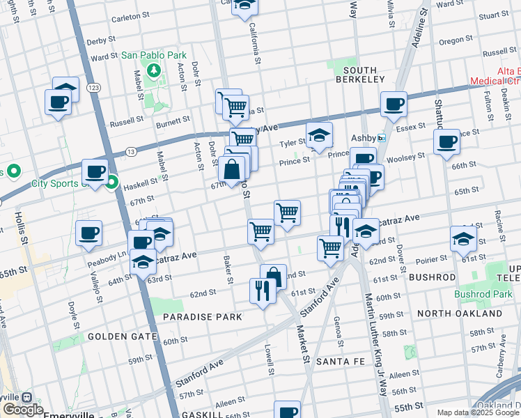 map of restaurants, bars, coffee shops, grocery stores, and more near 1522 Fairview Street in Berkeley