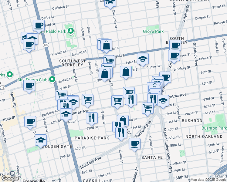 map of restaurants, bars, coffee shops, grocery stores, and more near 3200 Sacramento Street in Berkeley