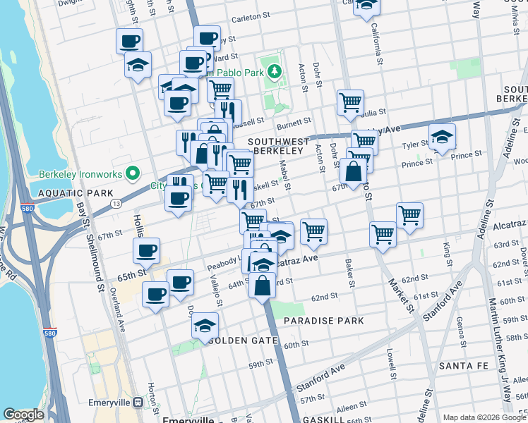 map of restaurants, bars, coffee shops, grocery stores, and more near 6622 Helen Court in Oakland