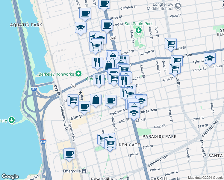 map of restaurants, bars, coffee shops, grocery stores, and more near 1155 67th Street in Oakland