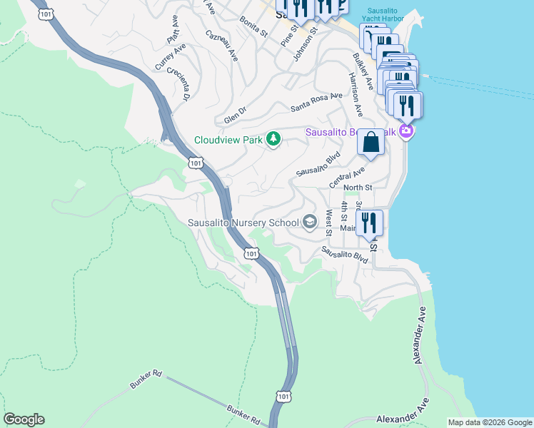 map of restaurants, bars, coffee shops, grocery stores, and more near 89 Crescent Avenue in Sausalito