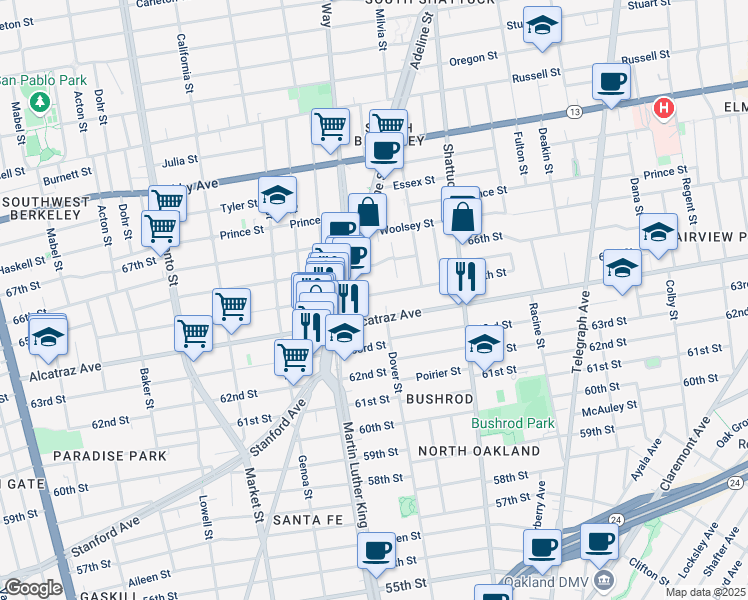 map of restaurants, bars, coffee shops, grocery stores, and more near 1902 Harmon Street in Berkeley