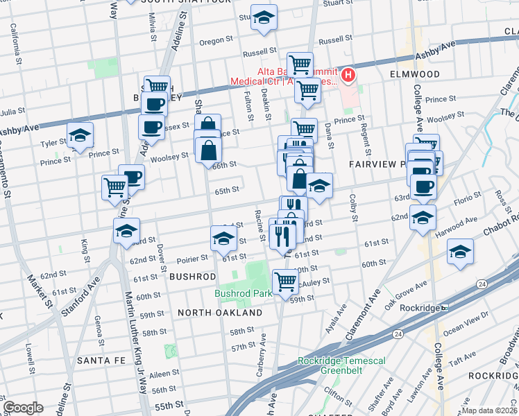map of restaurants, bars, coffee shops, grocery stores, and more near 6370 Racine Street in Oakland