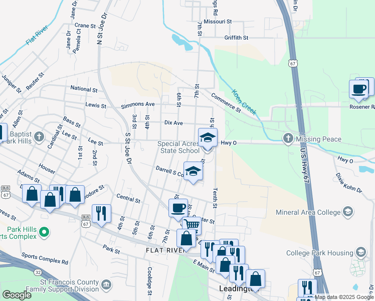 map of restaurants, bars, coffee shops, grocery stores, and more near 520 7th Street in Park Hills