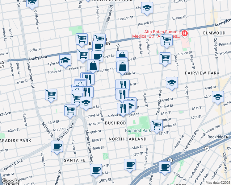 map of restaurants, bars, coffee shops, grocery stores, and more near 738 Alcatraz Avenue in Oakland