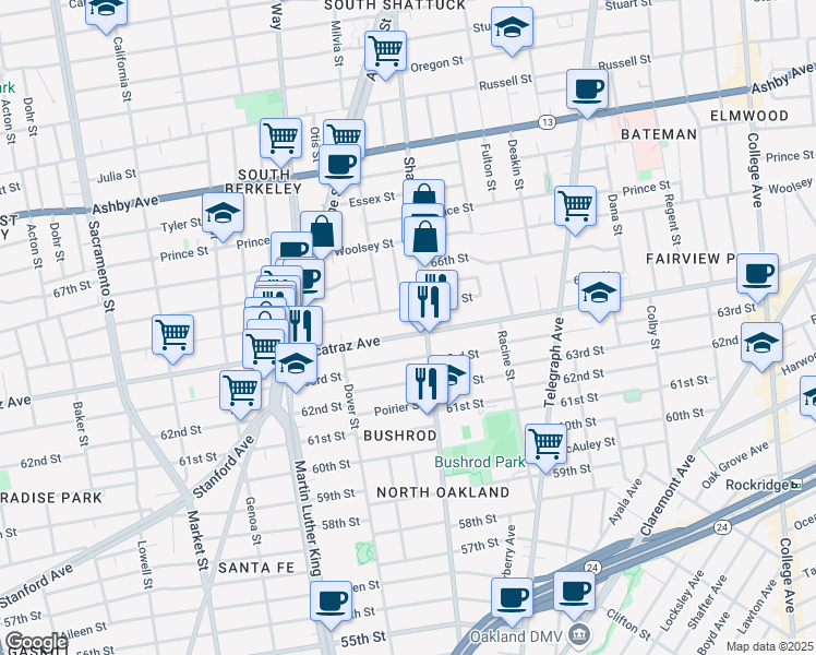 map of restaurants, bars, coffee shops, grocery stores, and more near 726 Alcatraz Avenue in Oakland