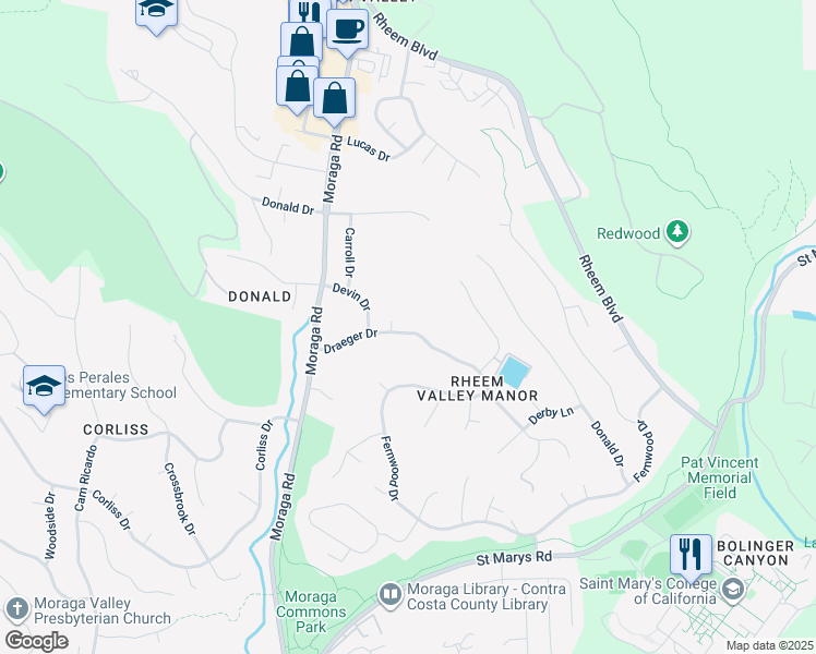 map of restaurants, bars, coffee shops, grocery stores, and more near 143 Draeger Drive in Moraga