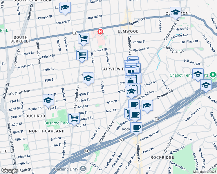 map of restaurants, bars, coffee shops, grocery stores, and more near 387 63rd Street in Oakland