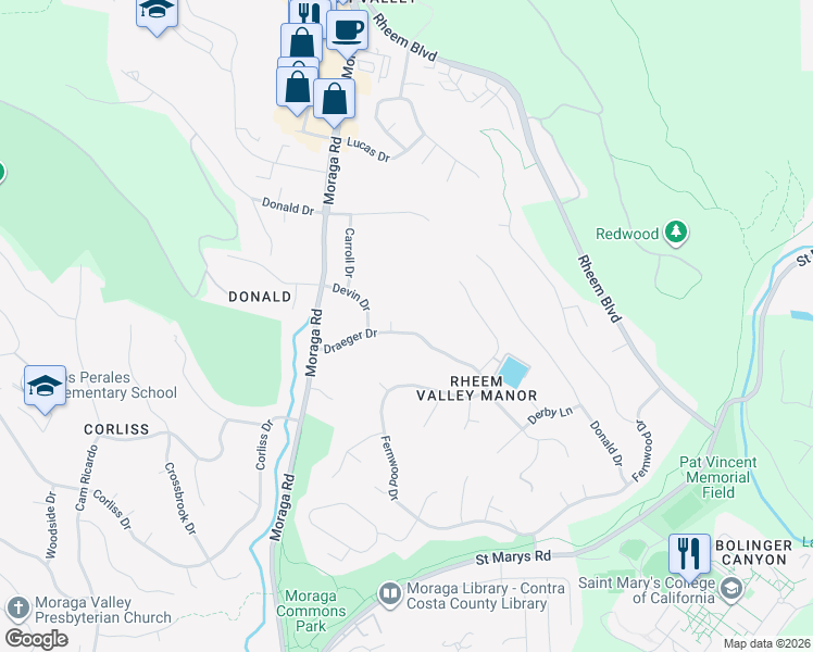 map of restaurants, bars, coffee shops, grocery stores, and more near 143 Draeger Drive in Moraga