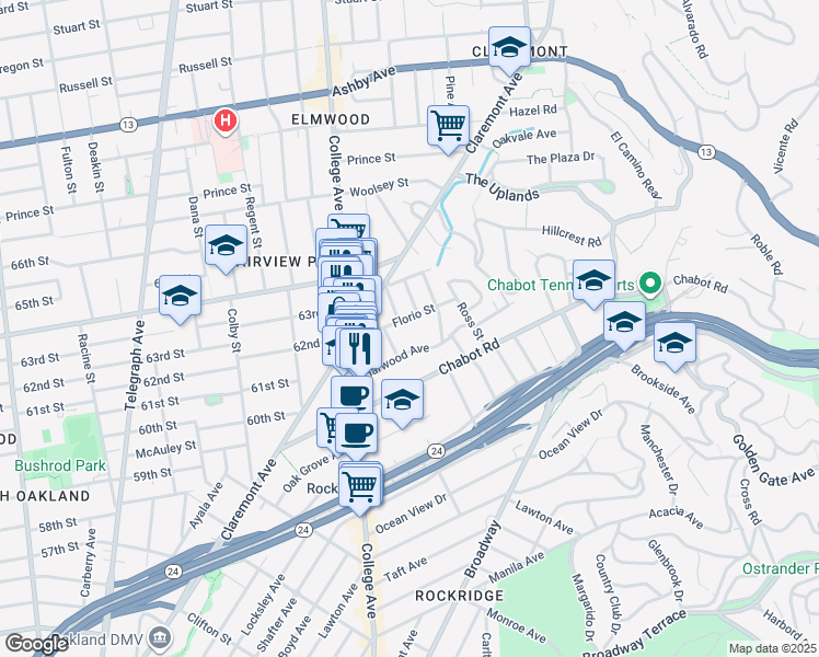 map of restaurants, bars, coffee shops, grocery stores, and more near 6126 Harwood Avenue in Oakland