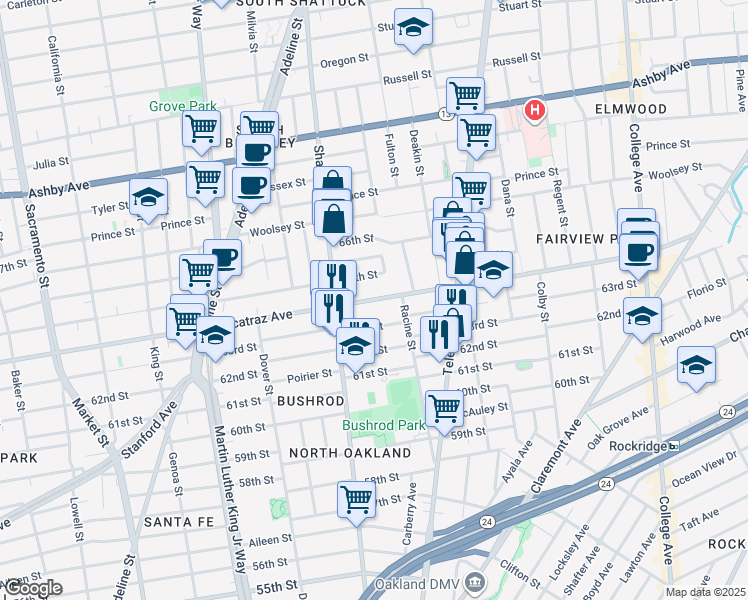 map of restaurants, bars, coffee shops, grocery stores, and more near 621 Alcatraz Avenue in Oakland