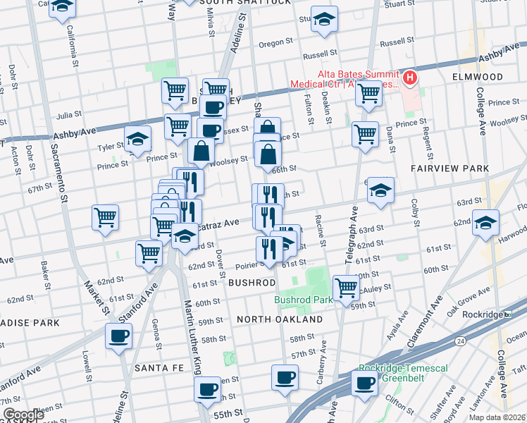 map of restaurants, bars, coffee shops, grocery stores, and more near in Oakland