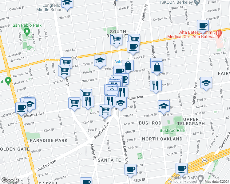 map of restaurants, bars, coffee shops, grocery stores, and more near 3255 Adeline Street in Berkeley
