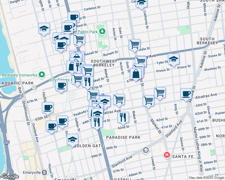 map of restaurants, bars, coffee shops, grocery stores, and more near 1215 66th Street in Berkeley
