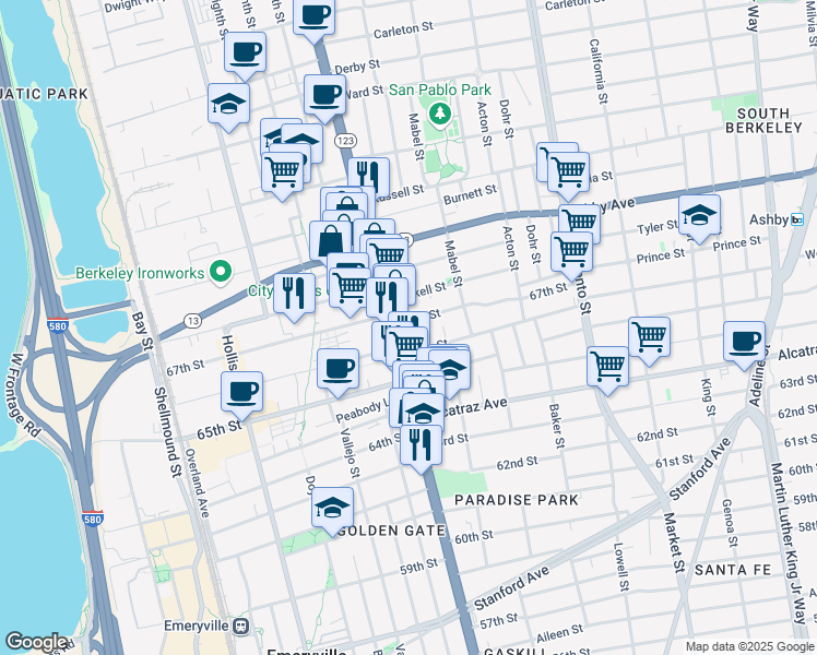 map of restaurants, bars, coffee shops, grocery stores, and more near 6622 Helen Court in Oakland