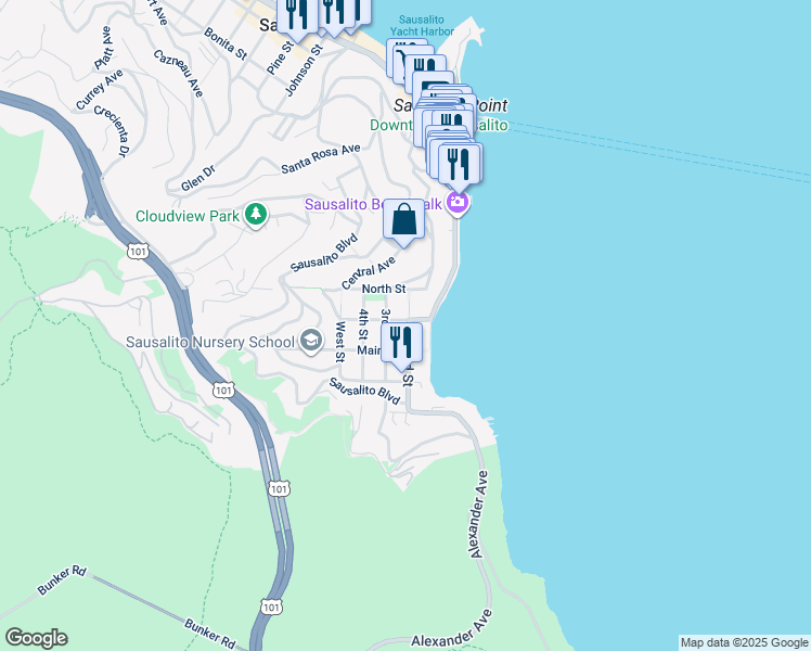 map of restaurants, bars, coffee shops, grocery stores, and more near in Sausalito