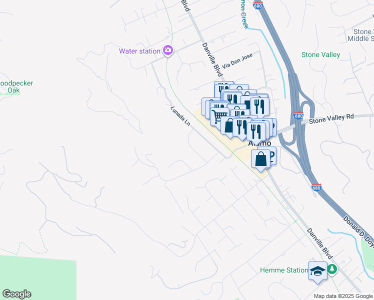 map of restaurants, bars, coffee shops, grocery stores, and more near 3139 Vía Larga in Alamo