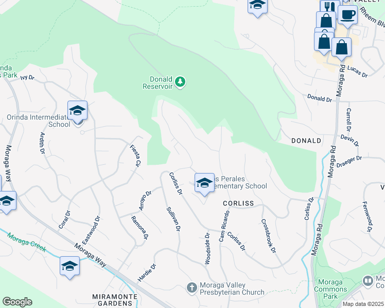 map of restaurants, bars, coffee shops, grocery stores, and more near 57 Warfield Drive in Moraga