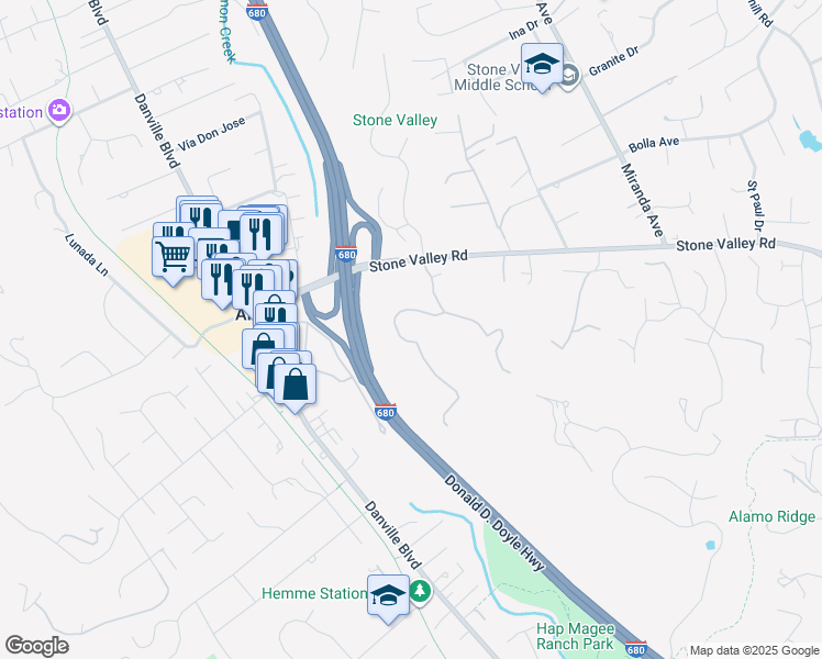 map of restaurants, bars, coffee shops, grocery stores, and more near 1021 Via del Gato in Alamo