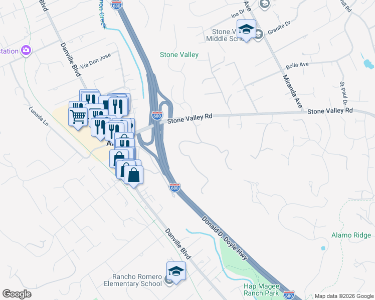 map of restaurants, bars, coffee shops, grocery stores, and more near 1021 Via del Gato in Alamo