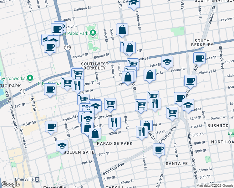 map of restaurants, bars, coffee shops, grocery stores, and more near 1401 Fairview Street in Berkeley