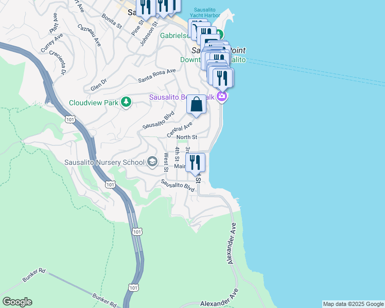 map of restaurants, bars, coffee shops, grocery stores, and more near 319 Richardson Street in Sausalito