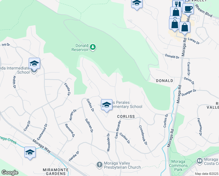 map of restaurants, bars, coffee shops, grocery stores, and more near 15 Ashbrook Place in Moraga